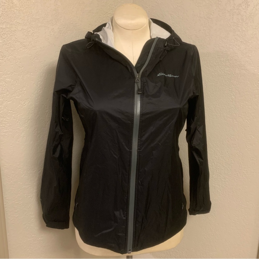 Eddie Bauer Women's S Cloud Cap Black Rain Jacket Waterproof Hooded Packable
